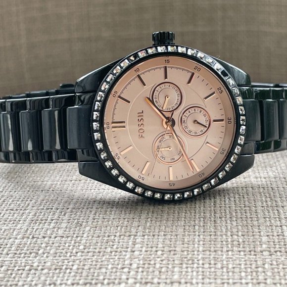 Fossil Ladies Wristwatch Crystals Accent Bezel Black Tone Quartz Multi-function - Picture 6 of 11